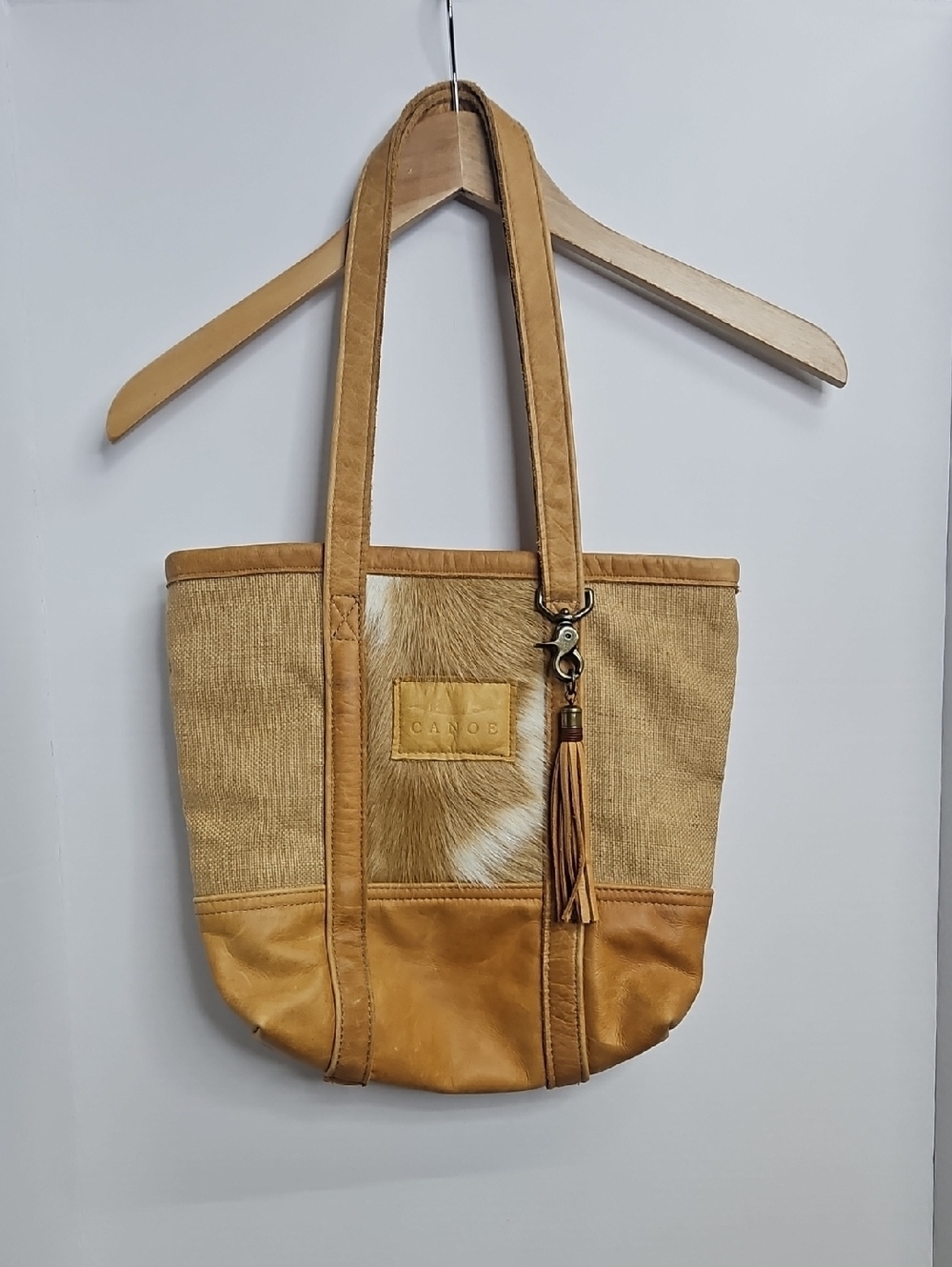 Canoe Handmade Tan Leather Hair Burlap Tote Shoulder Bag 13" x 12" Tassel